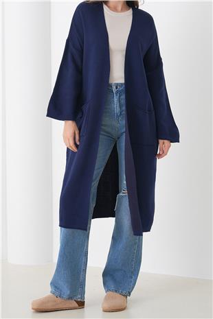 Kadın LACİVERT Geniş Kol Çift Cepli Uzun Triko Hırka VS01436