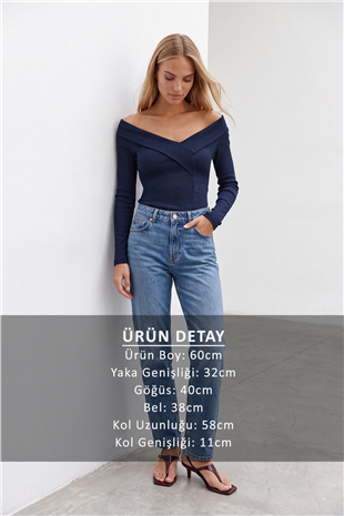 Kadın Lacivert Geniş Yakalı  Ottoban  Bluz Alc-X14342