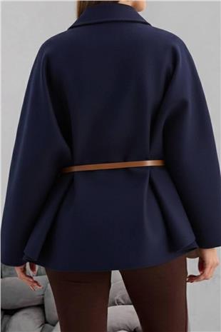 Kadın LACİVERT Gold Düğmeli Kemerli Kaşe Panço VS01678