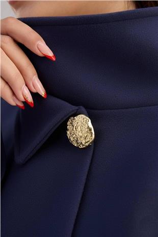 Kadın LACİVERT Gold Düğmeli Kemerli Kaşe Panço VS01678