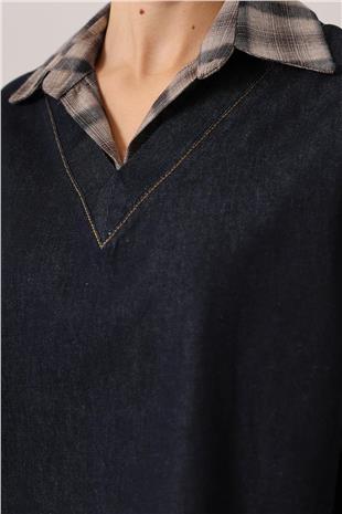 Kadın Lacivert Ekoseli Gömlek V Yaka Bluz ve Düğmeli Palazzo Pantolon Denim Takım VS01534