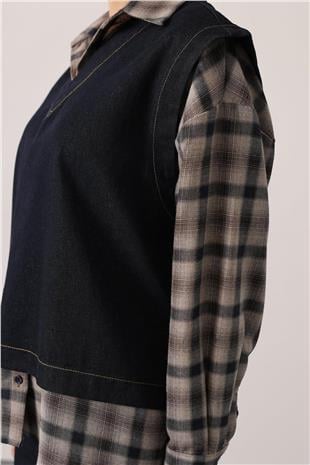 Kadın Lacivert Ekoseli Gömlek V Yaka Bluz ve Düğmeli Palazzo Pantolon Denim Takım VS01534