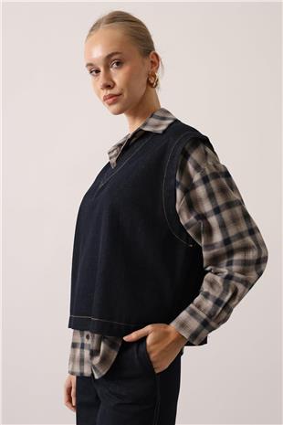 Kadın Lacivert Ekoseli Gömlek V Yaka Bluz ve Düğmeli Palazzo Pantolon Denim Takım VS01534