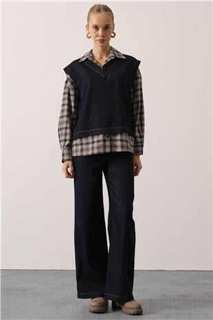 Kadın Lacivert Ekoseli Gömlek V Yaka Bluz ve Düğmeli Palazzo Pantolon Denim Takım VS01534