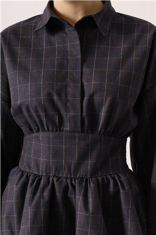 Kadın Lacivert Gömlek Yaka Geniş Manşetli Bağlama Detayli Mini Dokuma Elbise Alc-X15204