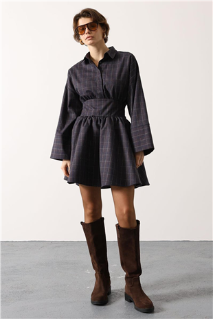 Kadın Lacivert Gömlek Yaka Geniş Manşetli Bağlama Detayli Mini Dokuma Elbise Alc-X15204