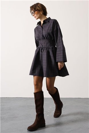 Kadın Lacivert Gömlek Yaka Geniş Manşetli Bağlama Detayli Mini Dokuma Elbise Alc-X15204