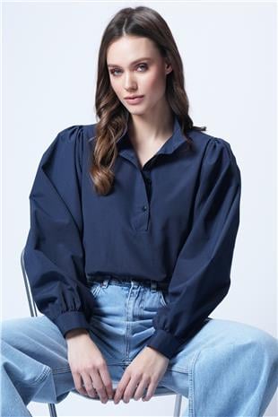Kadın Lacivert Hakim Yaka Yarım Pat Balon Kol Poplin Gömlek Bluz Alc-X14059