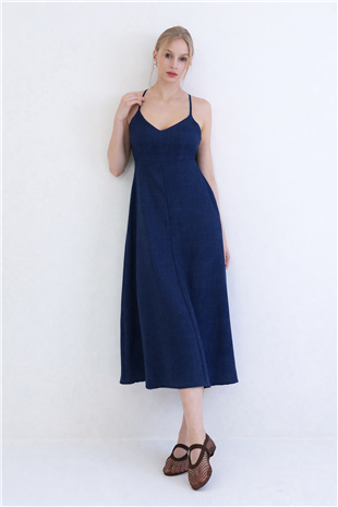 Kadın Lacivert İp Askılı Sırtı Bağlamalı Maxi Boy Yazlık Keten Elbise Alc-X15333