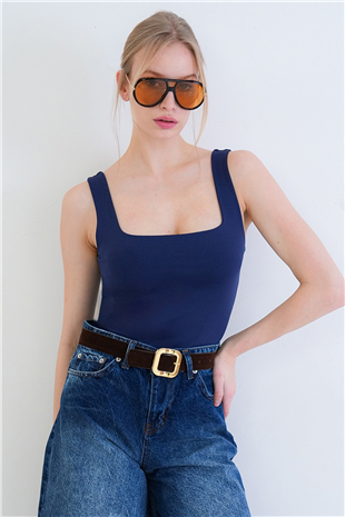 Kadın Lacivert Kare Yaka İnce Askılı Sandy Kumaş Bluz Alc-X13453
