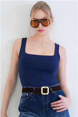 Kadın Lacivert Kare Yaka İnce Askılı Sandy Kumaş Bluz Alc-X13453
