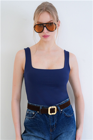 Kadın Lacivert Kare Yaka İnce Askılı Sandy Kumaş Bluz Alc-X13453