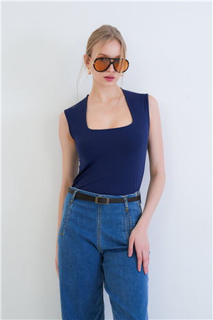 Kadın Lacivert Kare Yaka Kalın Askılı Sandy Bluz Alc-X13449