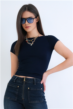 Kadın Lacivert Kayık Yaka Basic Modal Bluz Alc-X15270