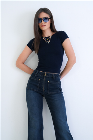 Kadın Lacivert Kayık Yaka Basic Modal Bluz Alc-X15270