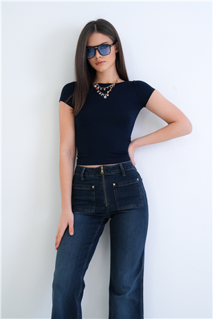 Kadın Lacivert Kayık Yaka Basic Modal Bluz Alc-X15270