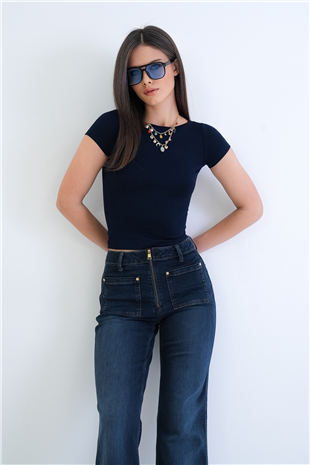 Kadın Lacivert Kayık Yaka Basic Modal Bluz Alc-X15270