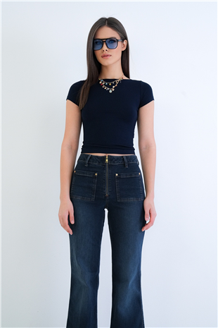 Kadın Lacivert Kayık Yaka Basic Modal Bluz Alc-X15270