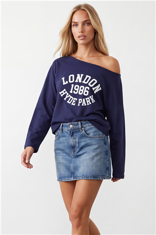 Kadın Lacivert Kayık Yaka Baskılı Modal Sweatshirt Alc-X15728