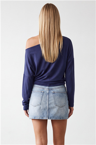 Kadın Lacivert Kayık Yaka Baskılı Modal Sweatshirt Alc-X15728