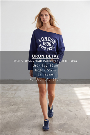 Kadın Lacivert Kayık Yaka Baskılı Modal Sweatshirt Alc-X15728