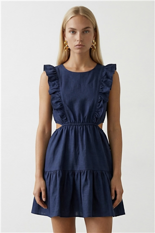 Kadın LACİVERT Kayık Yaka Beli Dekolteli Yanları Volanlı Poplin Elbise ALC-X8503