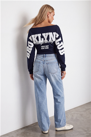 Kadın Lacivert Kayık Yaka Ön Arka Baskılı Dırape Detaylı Üç İplik Sweatshirt Alc-X15959