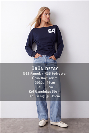 Kadın Lacivert Kayık Yaka Ön Arka Baskılı Dırape Detaylı Üç İplik Sweatshirt Alc-X15959