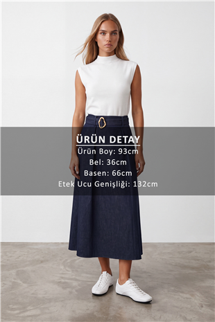 Kadın Lacivert Kemer Detaylı Çift Cepli Denim Etek Alc-X15635
