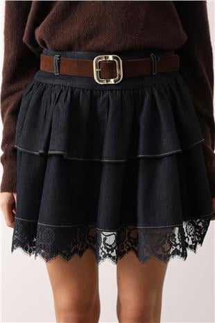 Kadın LACİVERT Kemerli Dantel Detaylı Volanlı Denim Etek VS01619