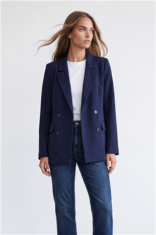 Kadın Lacivert Kruvaze Yaka Düğmeli Blazer Ceket Alc-X15732