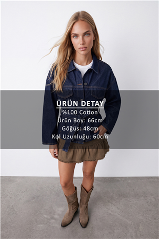 Kadın Lacivert Kuşak Detaylı Çıtçıt Kapamalı Denim Ceket Alc-X15652