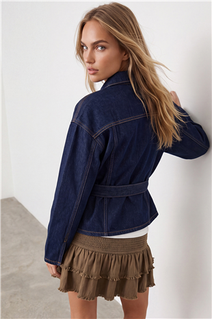 Kadın Lacivert Kuşak Detaylı Çıtçıt Kapamalı Denim Ceket Alc-X15652
