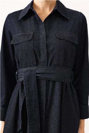 Kadın Lacivert Kuşaklı Düğme Kapamalı Midi Boy Denim Elbise Vs01700