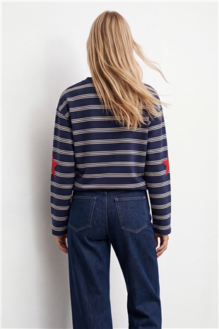 Kadın Lacivert Ribanalı Bisiklet Yaka Oversize Çizgili Sweatshirt Alc-X15947