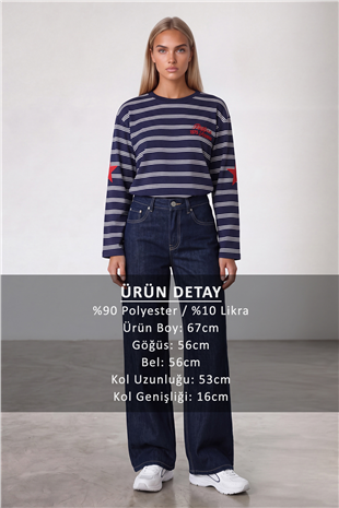 Kadın Lacivert Ribanalı Bisiklet Yaka Oversize Çizgili Sweatshirt Alc-X15947