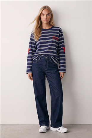 Kadın Lacivert Ribanalı Bisiklet Yaka Oversize Çizgili Sweatshirt Alc-X15947
