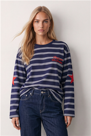 Kadın Lacivert Ribanalı Bisiklet Yaka Oversize Çizgili Sweatshirt Alc-X15947