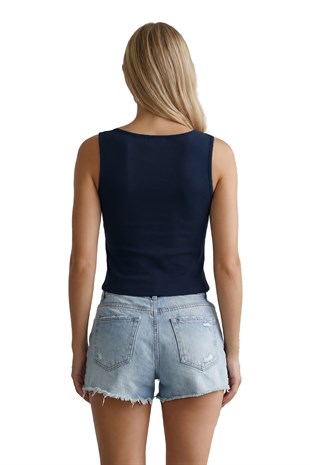 Kadın Lacivert U Yaka Askılı Düğmeli Bluz Alc-X15539
