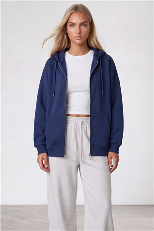 Kadın Lacivert Üç İplik Şardonlu Oversize Sweatshirt Alc-X15945