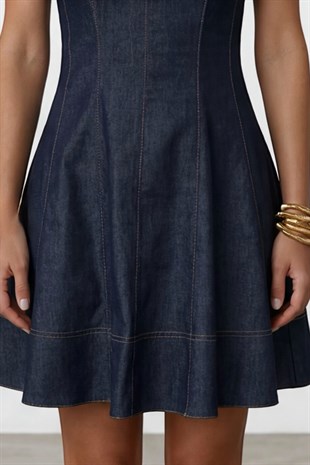 Kadın Lacivert Yırtmaç Yaka Belden Oturtmalı Mini Boy Jean Elbise Alc-X15470