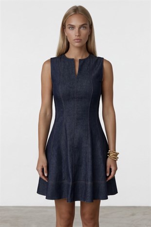 Kadın Lacivert Yırtmaç Yaka Belden Oturtmalı Mini Boy Jean Elbise Alc-X15470