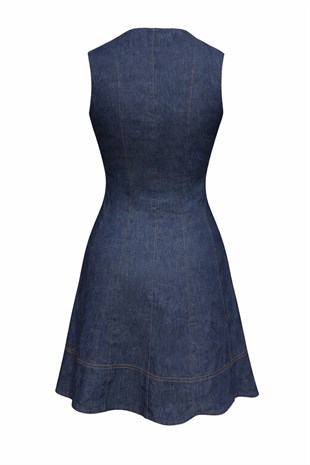 Kadın Lacivert Yırtmaç Yaka Belden Oturtmalı Mini Boy Jean Elbise Alc-X15470