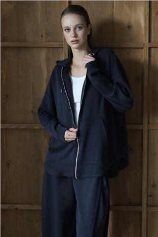 Kadın LACİVERT Yüksek Bel Çift Cepli Palazzo Dokuma Pantolon VS01426