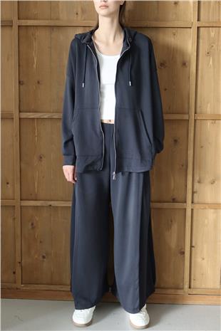 Kadın LACİVERT Yüksek Bel Çift Cepli Palazzo Dokuma Pantolon VS01426