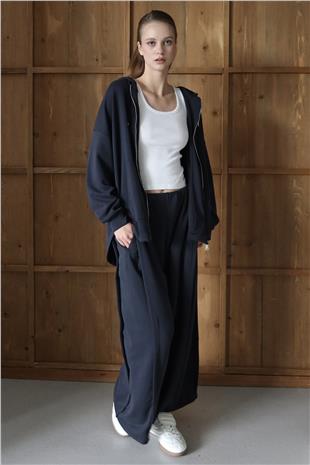 Kadın LACİVERT Yüksek Bel Çift Cepli Palazzo Dokuma Pantolon VS01426