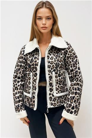 Kadın LEOPAR Çift Cepli İçi Suni Kürklü Suni Deri Biker Ceket PRM0408