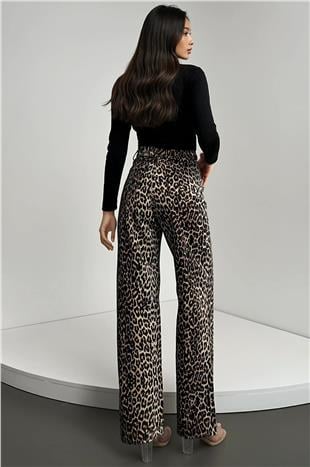 Kadın Leopar Yüksek Bel Desenli Palazzo Jean Pantolon Alc-X14771