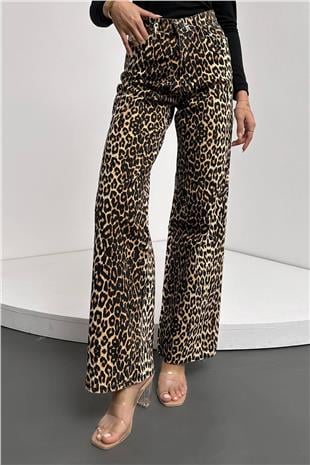 Kadın Leopar Yüksek Bel Desenli Palazzo Jean Pantolon Alc-X14771