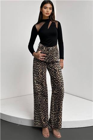 Kadın Leopar Yüksek Bel Desenli Palazzo Jean Pantolon Alc-X14771